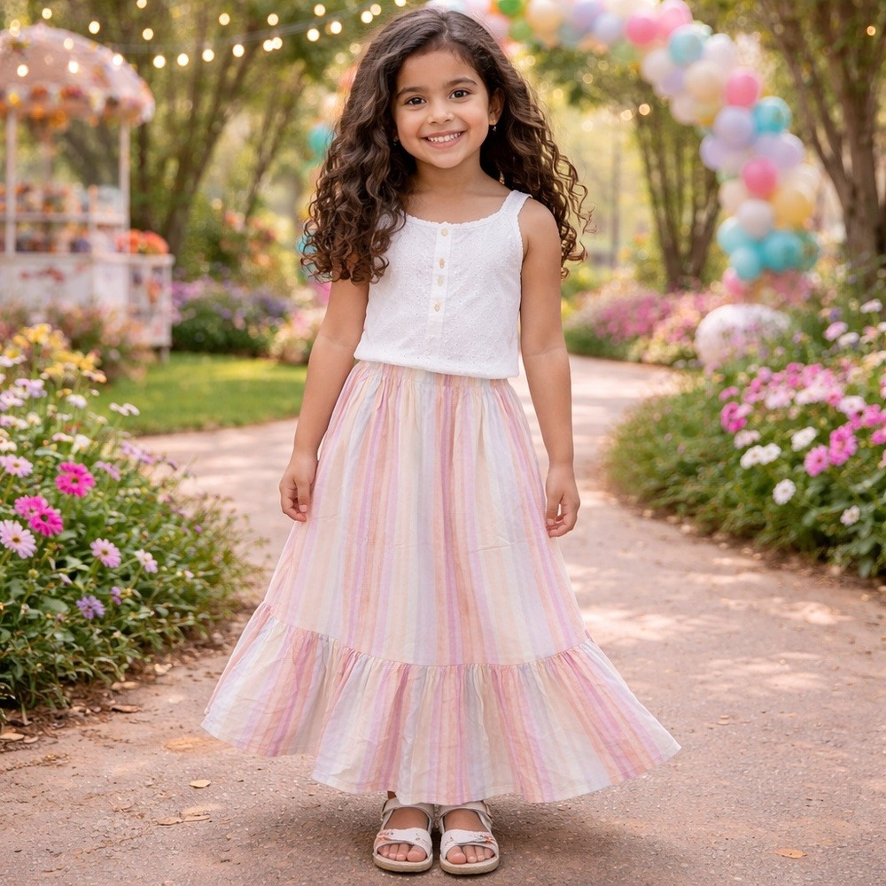 Paisley Lane Girls Pink Orange Striped Ruffle Maxi Skirt Size‎ 10 Boho Cute